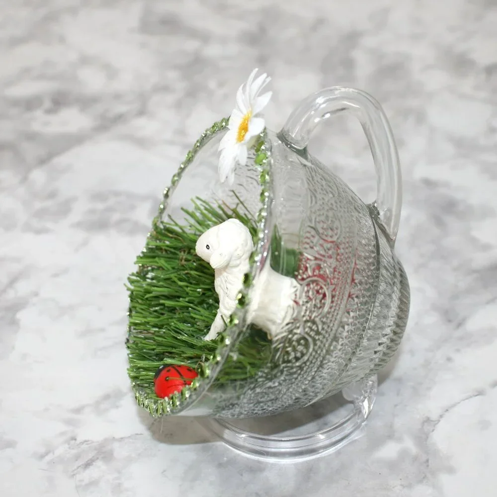 HAND CRAFTED Lamb Farmhouse Decor Ornament Upcycled Cup Grass Easter White